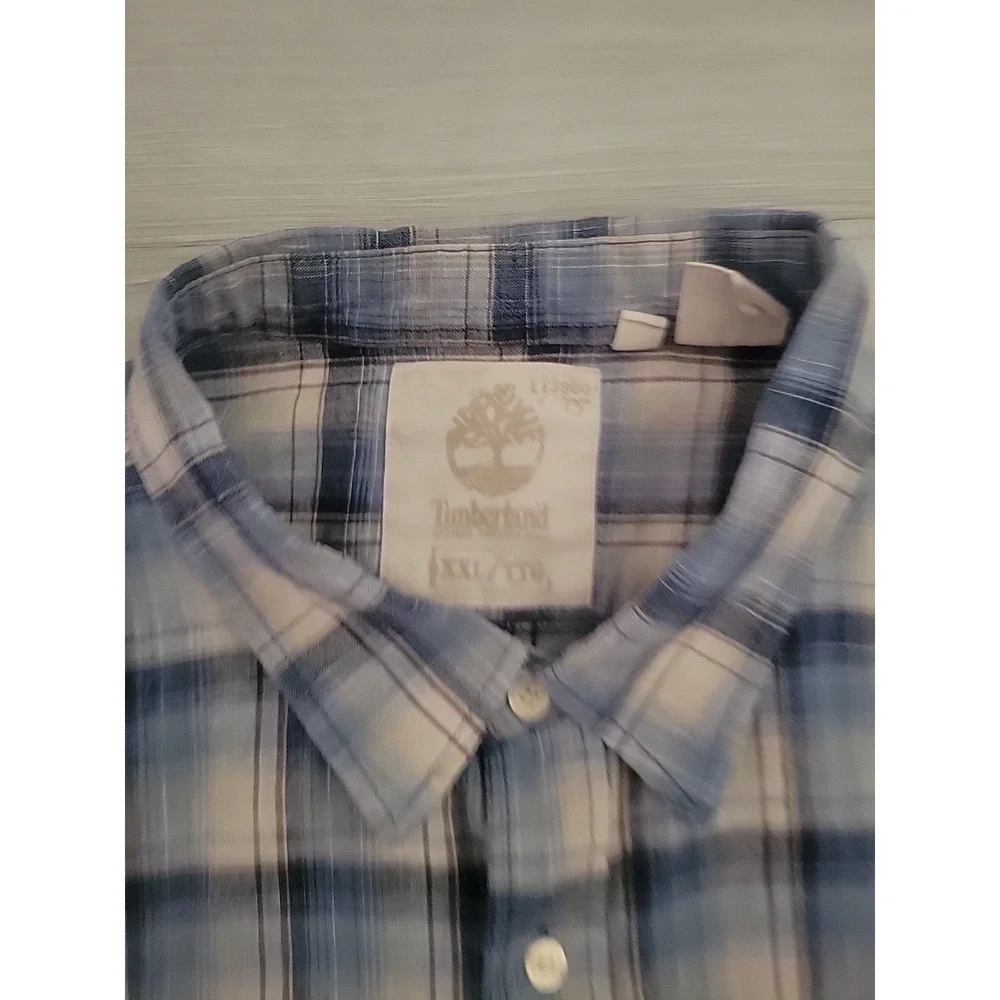Timberland Shirt Mens Size 2XL Blue White Plaid Earthkeepers Short Sleeve Button